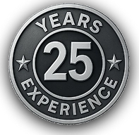 AC Repair 3 Silver and black badge displaying '25 Years Experience' with stars on each side, indicating professional expertise.