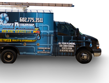 Bridge Plumbing and HVAC service van with logo, contact info, and slogan offering HVAC and plumbing for commercial and residential needs.