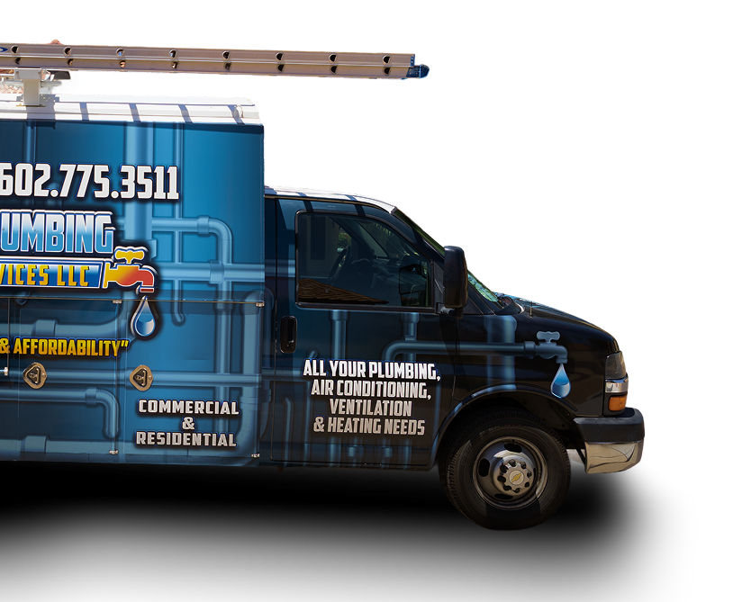 Bridge Plumbing and HVAC service van with logo, contact info, and slogan offering HVAC and plumbing for commercial and residential needs.