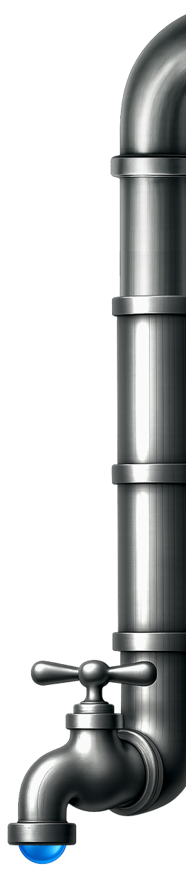 Meet the Team 31 Vertical steel pipe with faucet and blue water droplet, transparent background.