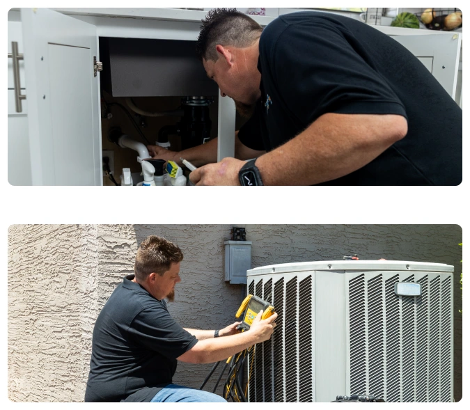 Maintenance Plan 32 Robert Bridge inspecting HVAC system components indoors and outdoors.