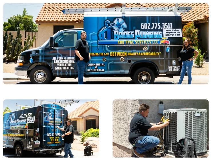 Meet the Team 45 Robert and Amy Bridge standing in front of company service van; technician at HVAC unit.