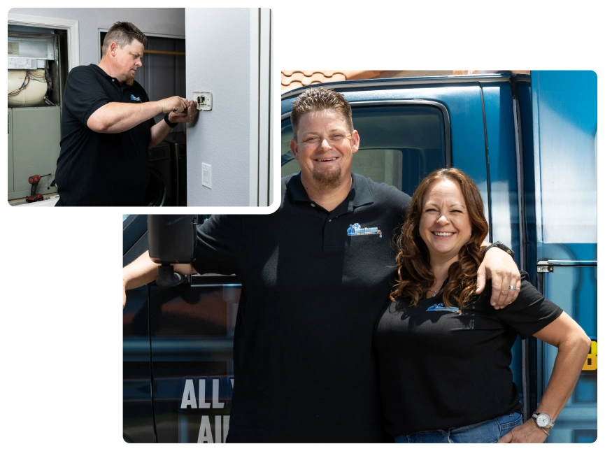 Commercial 38 Robert and Amy Bridge by service van; inset of Robert adjusting thermostat.