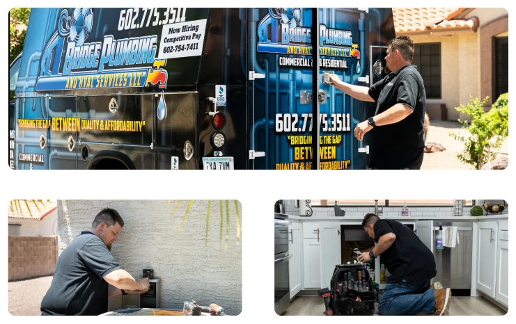 Heat Pump Service 35 Robert Bridge at service van; inset shows him working on electrical panel and under sink.