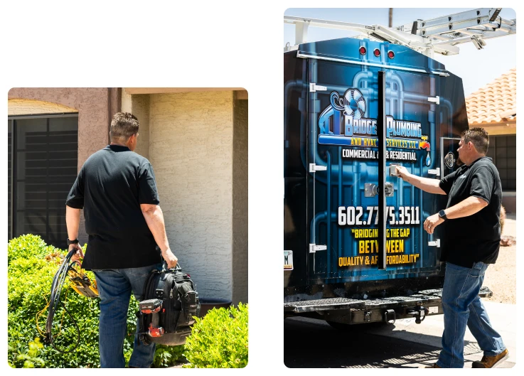Mini-split systems 34 Robert Bridge walking to a house with tools; inset of him at company service van.