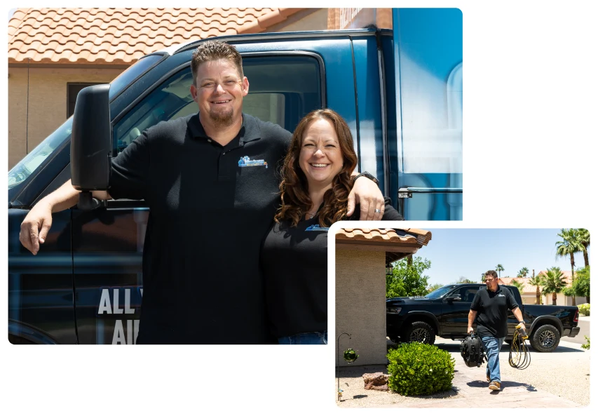 AC Repair 30 Robert Bridge and Amy Bridge smiling in front of company service van, with inset of technician walking outside carrying equipment.