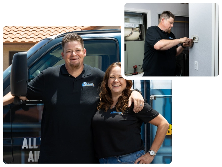 Blog 30 Robert and Amy Bridge standing by service van; inset of Robert adjusting thermostat.