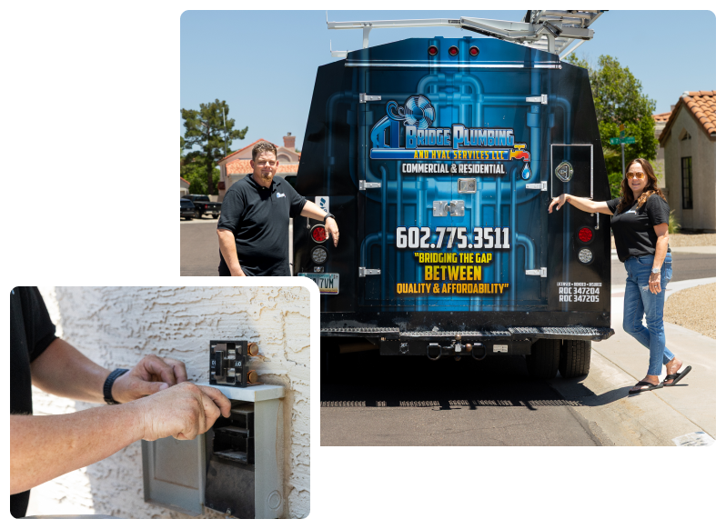 Meet the Team 29 Robert and Amy Bridge standing by company service van, Bridge Plumbing & HVAC branding.