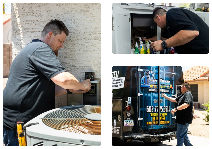 Career 39 Technician, Robert Bridge, servicing outdoor A/C unit, checking indoor system, and working near a company service van.